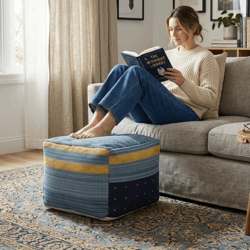 Space Saver Thick Footstool Cover Color-Woven Jacquard Handmade Pouf Ottoman Unstuffed Nordic Futon Cushion Cover Bedroom