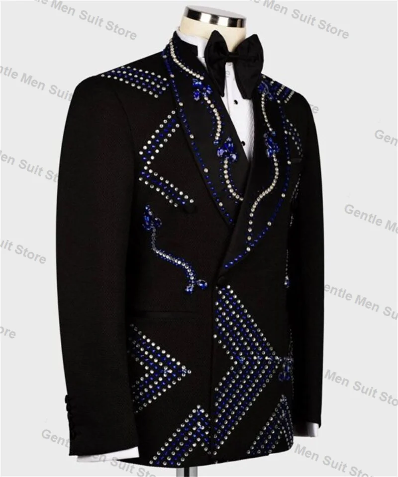 Blue Silver Crystals Men Suits 2 Piece Black Blazer+Trousers Wedding Tuxedo Male Prom Coat Customized Formal Office Jacket