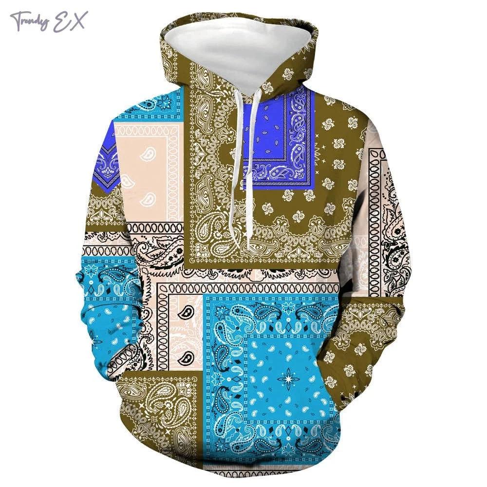 

Men's Sweatshirt Fashion Bandana Print Cool Unisex Graphic Hoodies Kangaroo Pocket Long Sleeves Streetwear Hooded Sweatshirt Man