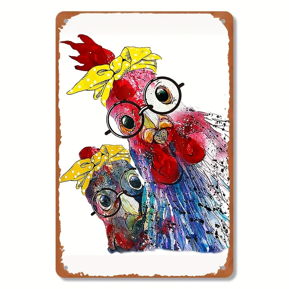 Vintage-Style  Metal Wall Art - Whimsical Roosters with Glasses & Yellow Polka Dot Headbands, Durable Print for Easter, Weddings