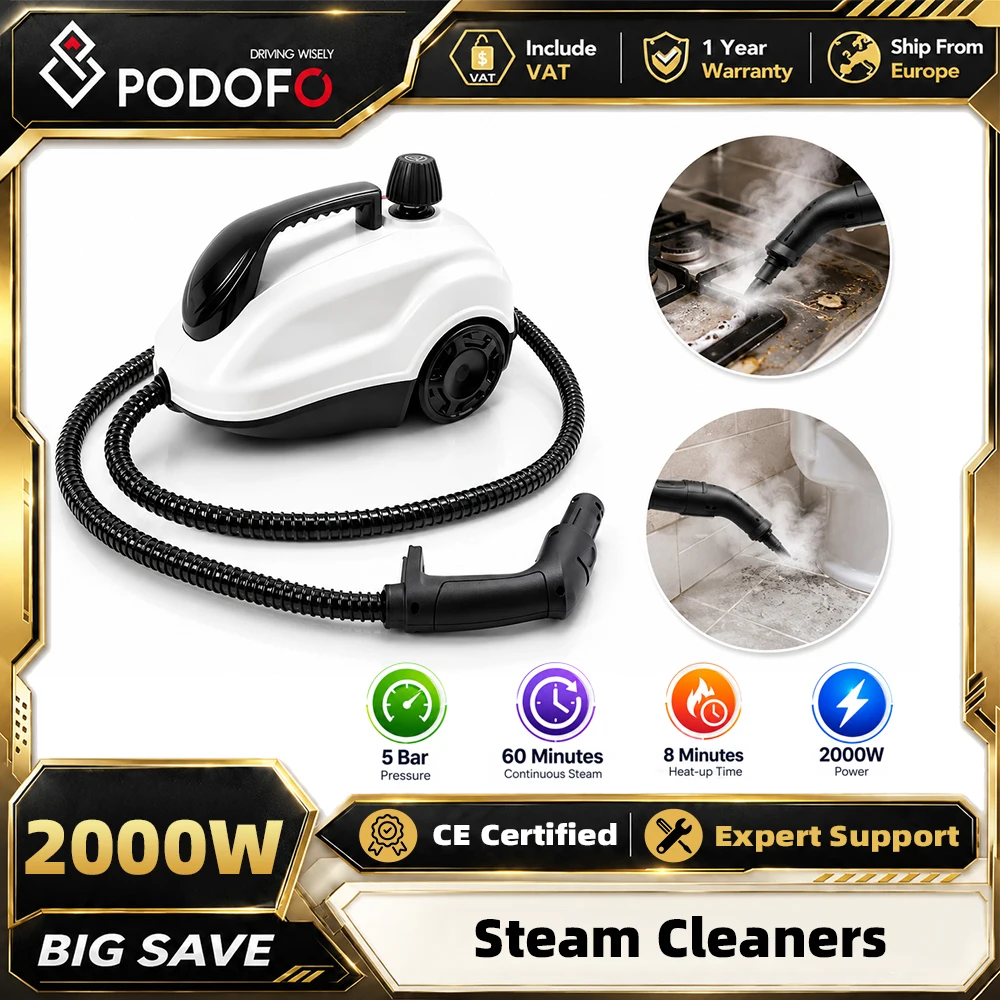 Nettoyeur vapeur portable Podofo 2000W, nettoyeur vapeur haute pression 5 bars avec chaudière de 2,0 L, tubes d'extension, poignée vapeur, brosse de nettoyage pour sols, nettoyeur vapeur électrique sans produits chimiques pour carrelage, joints, fenêtres, tissus d'ameublement, nettoyage de la cuisine et de la salle de bain