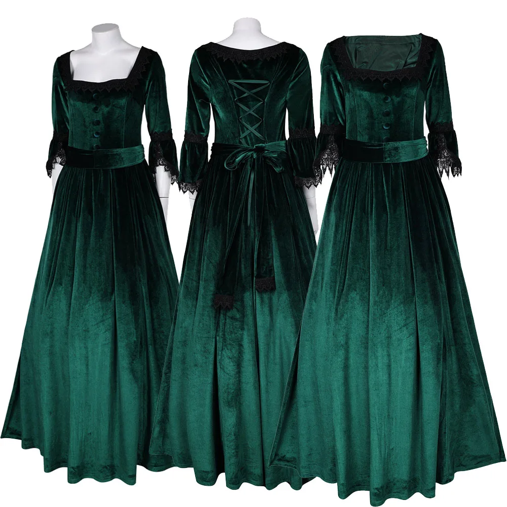 

Retro Medieval Gothic Formal Dark Green Dress Belt Cosplay Costume Clothing Suit Outfits Halloween Carnival Party Fantasia Cloth