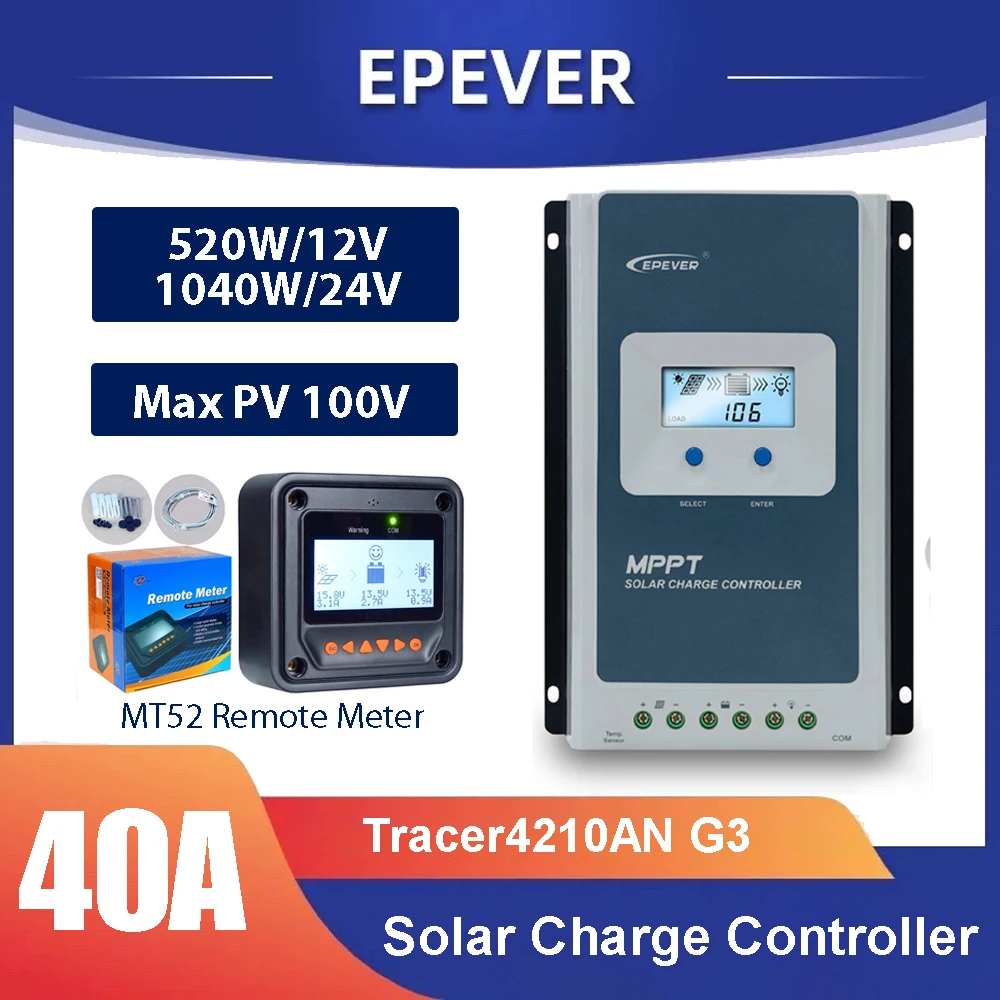 EPEVER 40A MPPT Solar Charge Controller 12V 24V Battery Voltage Max Solar Panel 100V Regulator With MT52 Data Monitor Optional