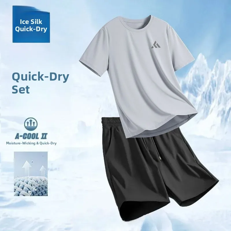 

Мужской спортивный костюм из ледяного шелка с быстрым высыханием: футболка с коротким рукавом, комплект для бега и тренировок по баскетболу
