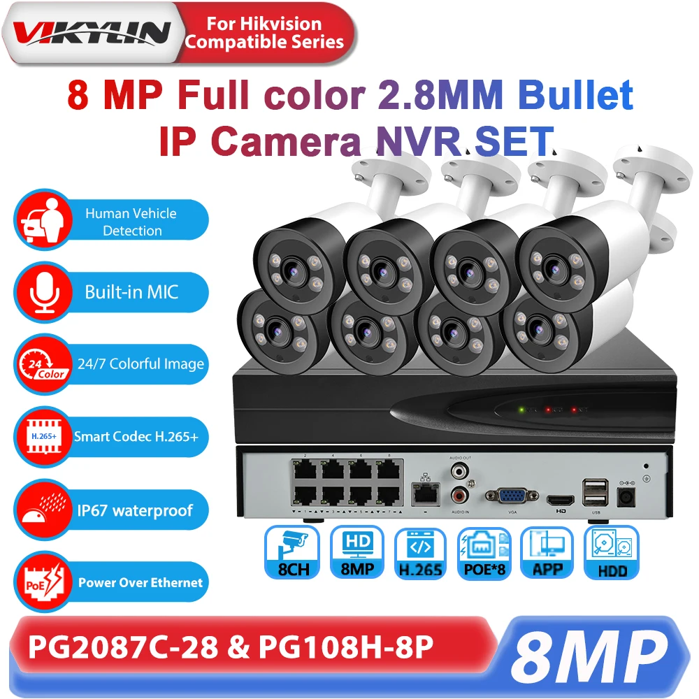 vikylin 8CH 4K POE Network Video Security System 8POE H.265+ NVR With Audio Recording 8MP Full Color IP Camera CCTV Security Kit