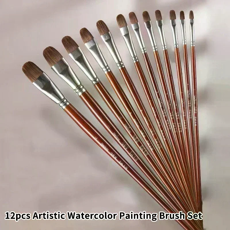 12Pcs/Set High-grade Weasel Hair Oil Painting Brush Hazel Shap Row Pen Long Birch Rod Acrylic Drawing Art Supplies Artist Supply