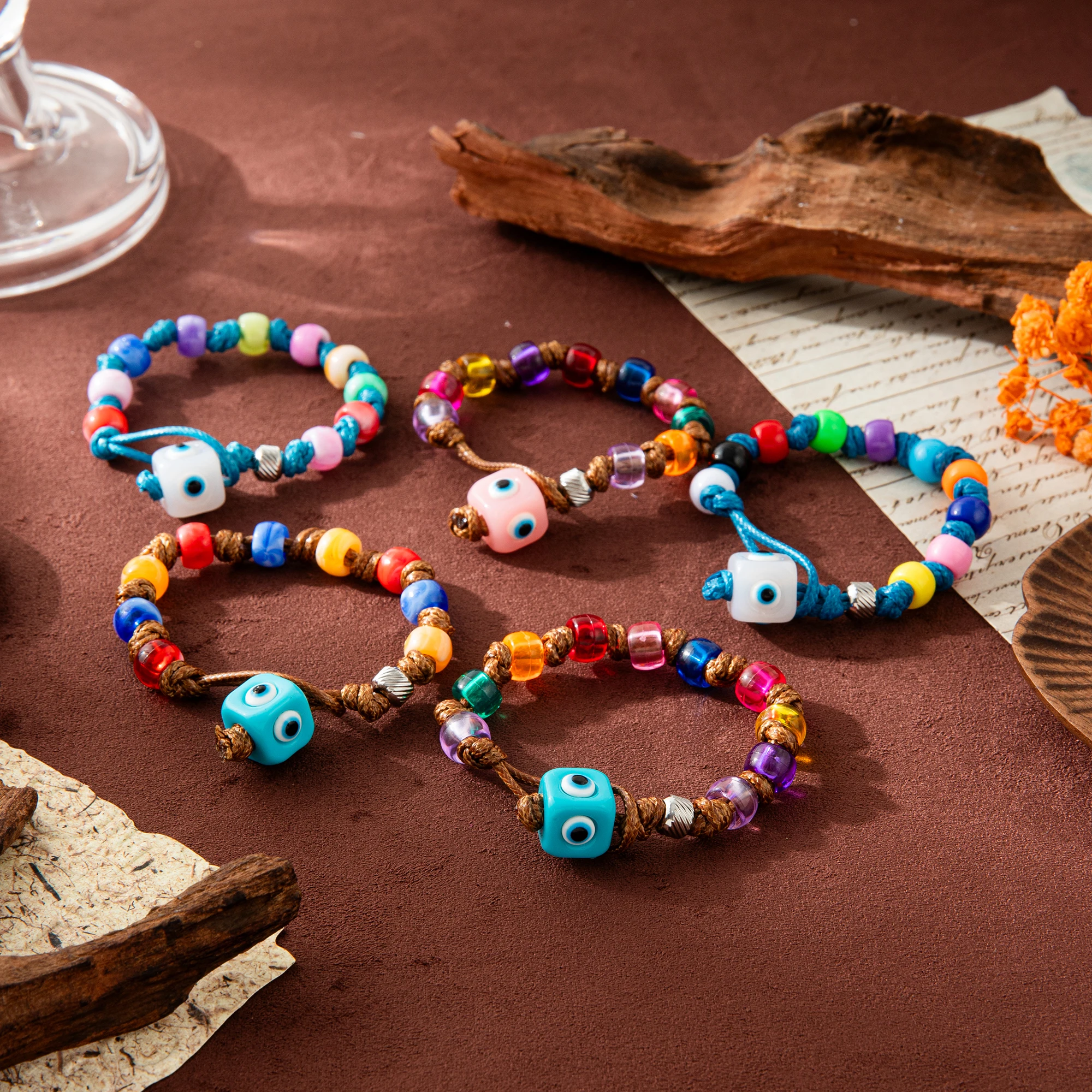 

Cute Colorful Bead Bracelet for Women, Evil Eye Dice Chunky Acrylic Beads, Adjustable Handmade Rope Bracelet, Friendship Gift
