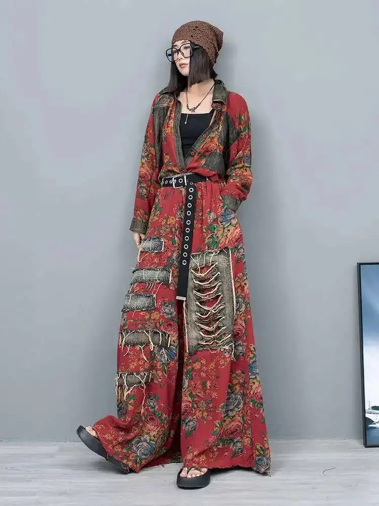 2026 Summer New Retro Printed Long Sleeve Denim Jacket Loose Wide Leg Pants Women's Fashion 2 Piece Set 5ZDIG1V