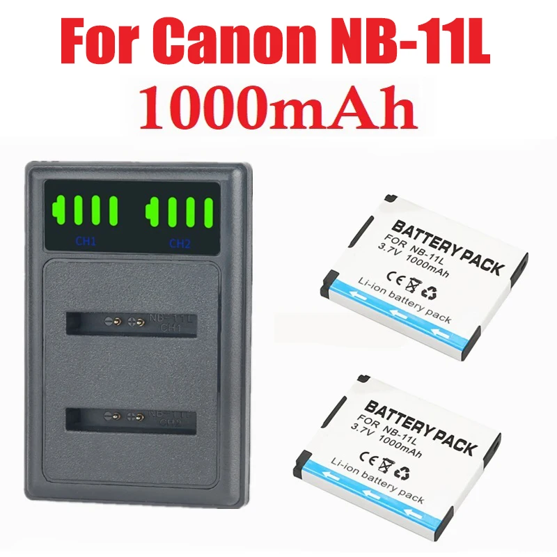 Bateria e carregador LCD para Canon PowerShot, NB-11L, NB11L, NB 11L, NB-11LH, A2300,A2400 IS, A2500, A2600 IS, A3500 IS, 1000mAh