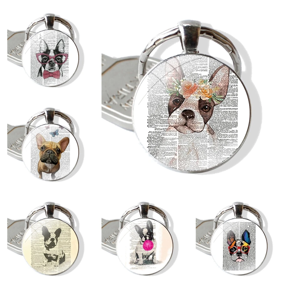 25mm Glass Cabohcon Keychain Key Rings for Women Men Jewelry Gift Book newspaper background Cute French Bulldog