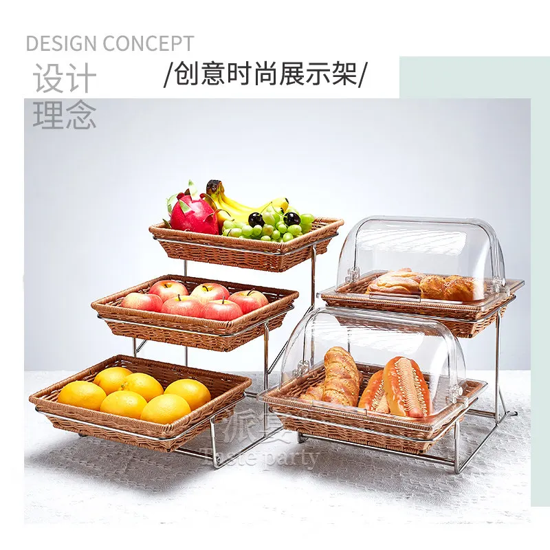 Double Triple Buffet Bread Cake Tray Imitation Rattan Woven Basket Stainless Steel Food Display Stand with Lid Hotel