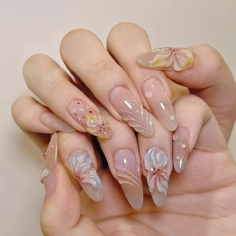 

24Pcs Almond Shape Press-On Nails Detachable Full Cover Fake Nails with 3D Flower Stylish Look for Women&Girls Spring Daily Wear