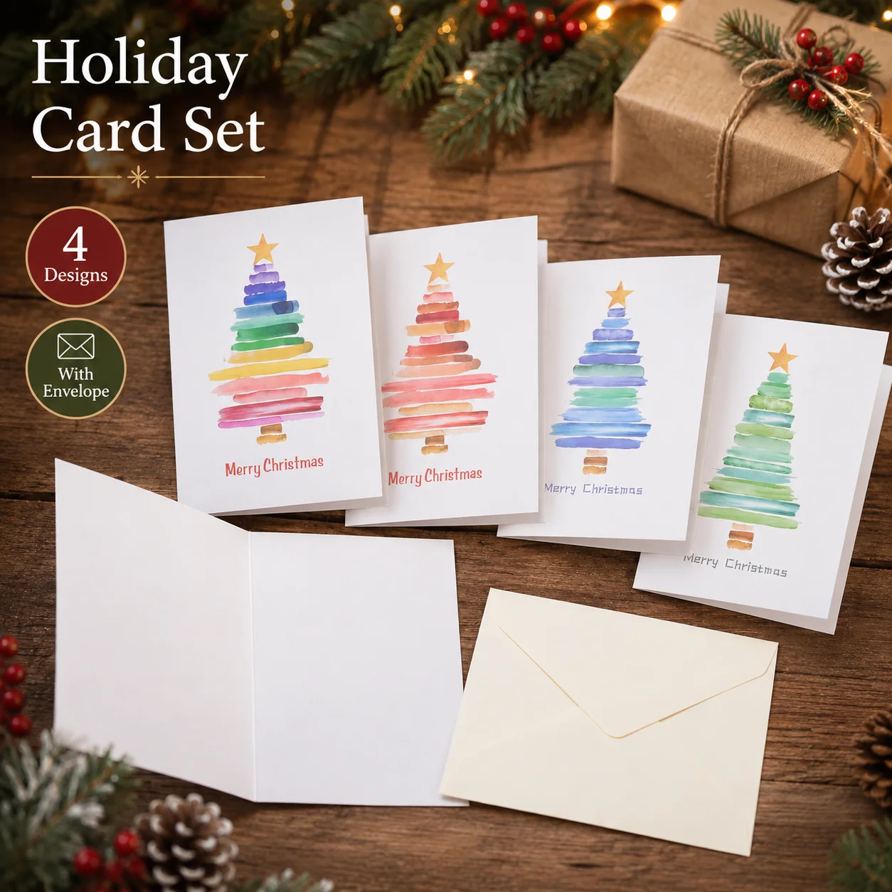1 PC Watercolor Christmas Tree Card Set with Envelopes Blank Inside Premium Paper Holiday Greeting Cards 4 Patten Designs