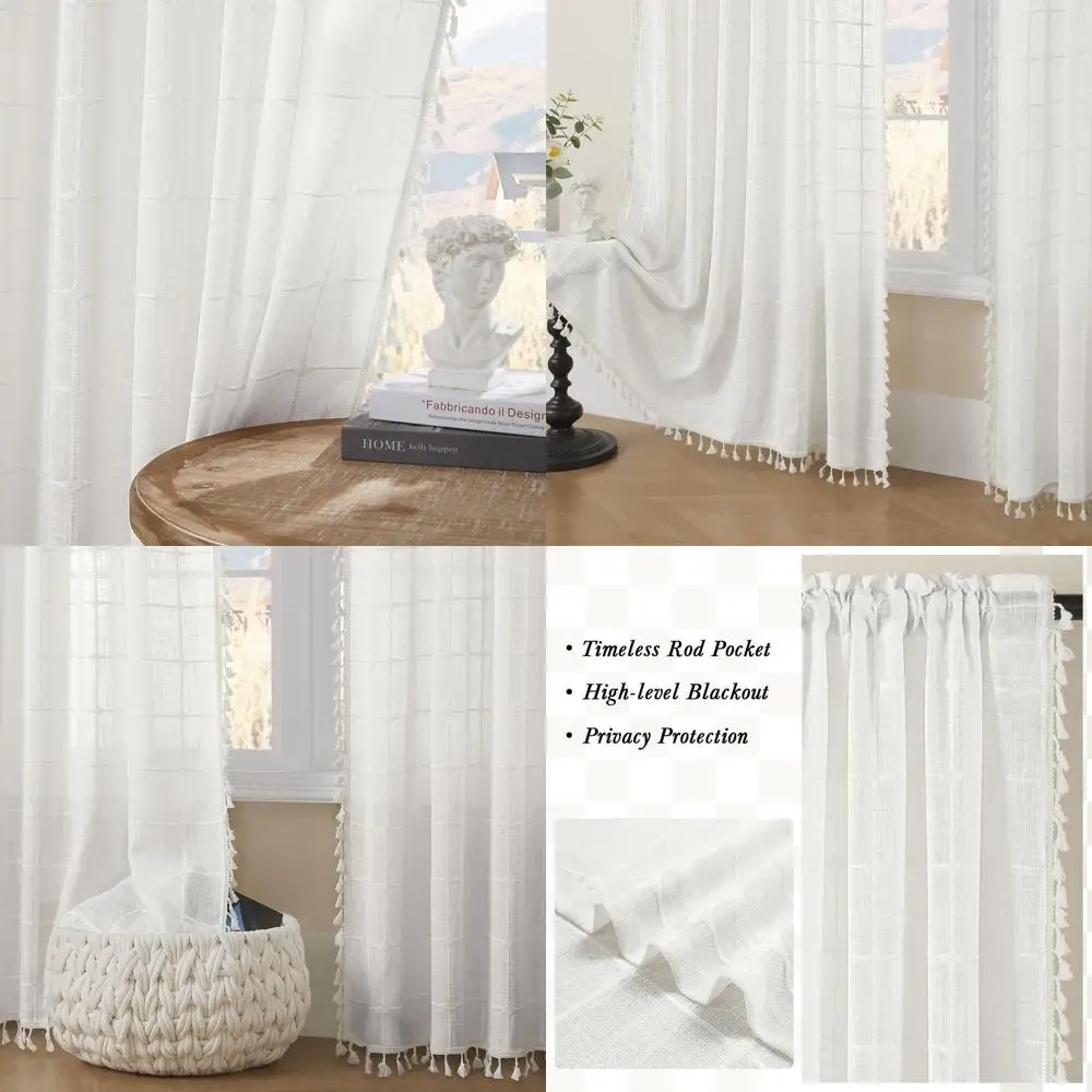 

Льняные шторы в стиле бохо 84, комплект из 2 панелей, стиль фермерского дома для спальни, хлопковые шторы для гостиной с кисточками, 52 Вт x 84 л