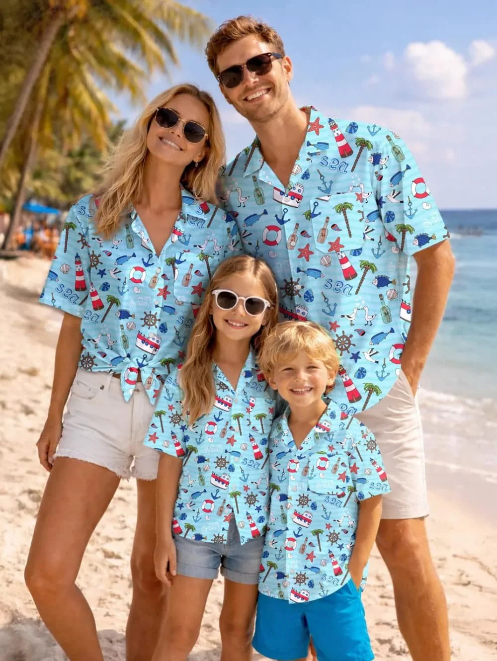 Sommerliches Familien-Strandhemd für Herren im Hawaii-Stil mit Tropenmotiv, Sandburg- und Palmen-Print, Urlaubsgeschenk, Kinder-T-Shirt – Detail 6