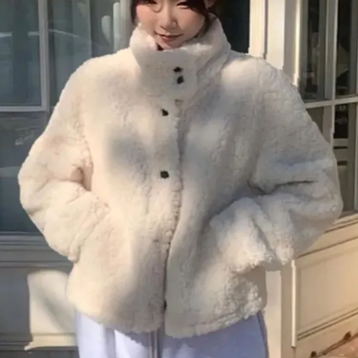 

Шикарная осенне-зимняя куртка из овечьего меха с воротником-стойкой, женская модная винтажная дизайнерская антивозрастная верхняя одежда