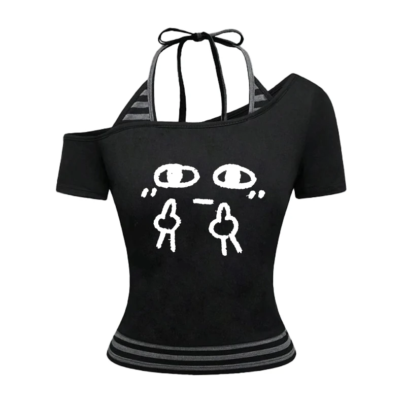 

2025 Spring/Summer New European and American Y2K Sexy Temperament Women's T-shirt Gothic Printed Pattern Two Piece Set Strap