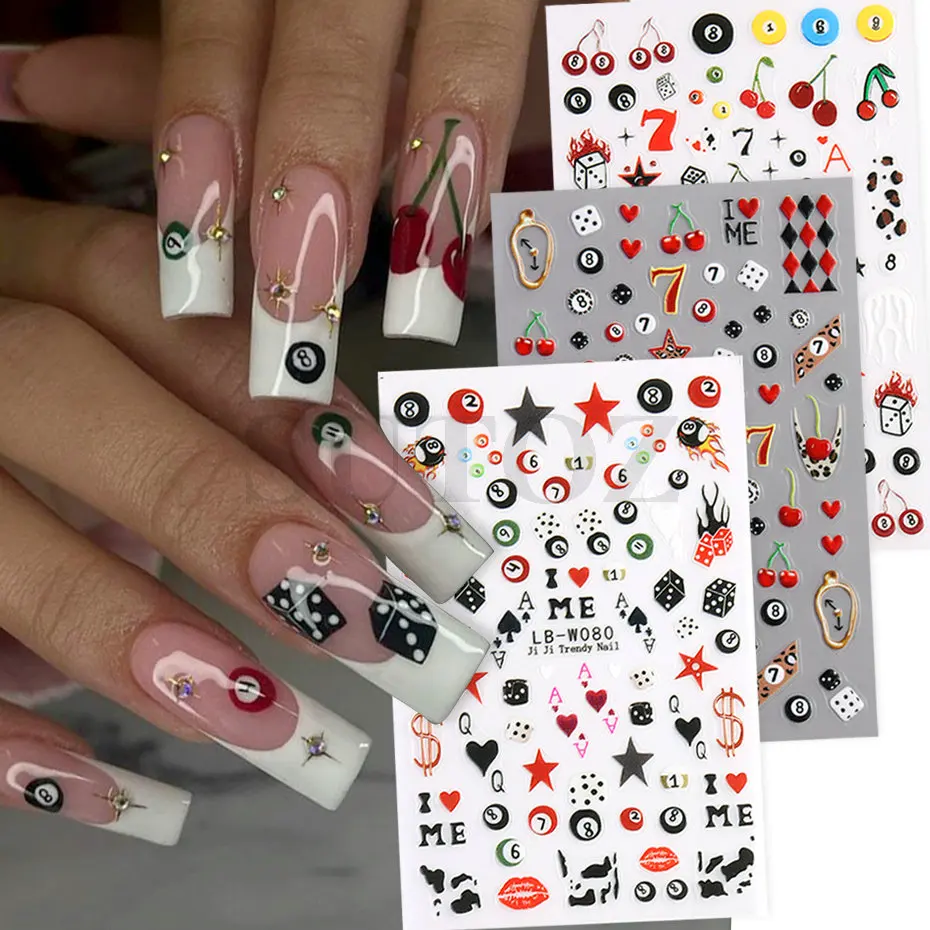 1pcs Cherry NO.8 Black Billiards Ball Nail Art Stickers Lucky Seven Dice Poker Stars Leopard Flame Pool Ball DIY Manicure Decals