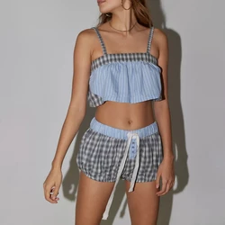 Fairy Cottage Outfits Y2K Sleepwear Women 2000s Retro Kawaii 2 Piece Set Plaid Patchwork Camis Crop Tops + Short Loungwear