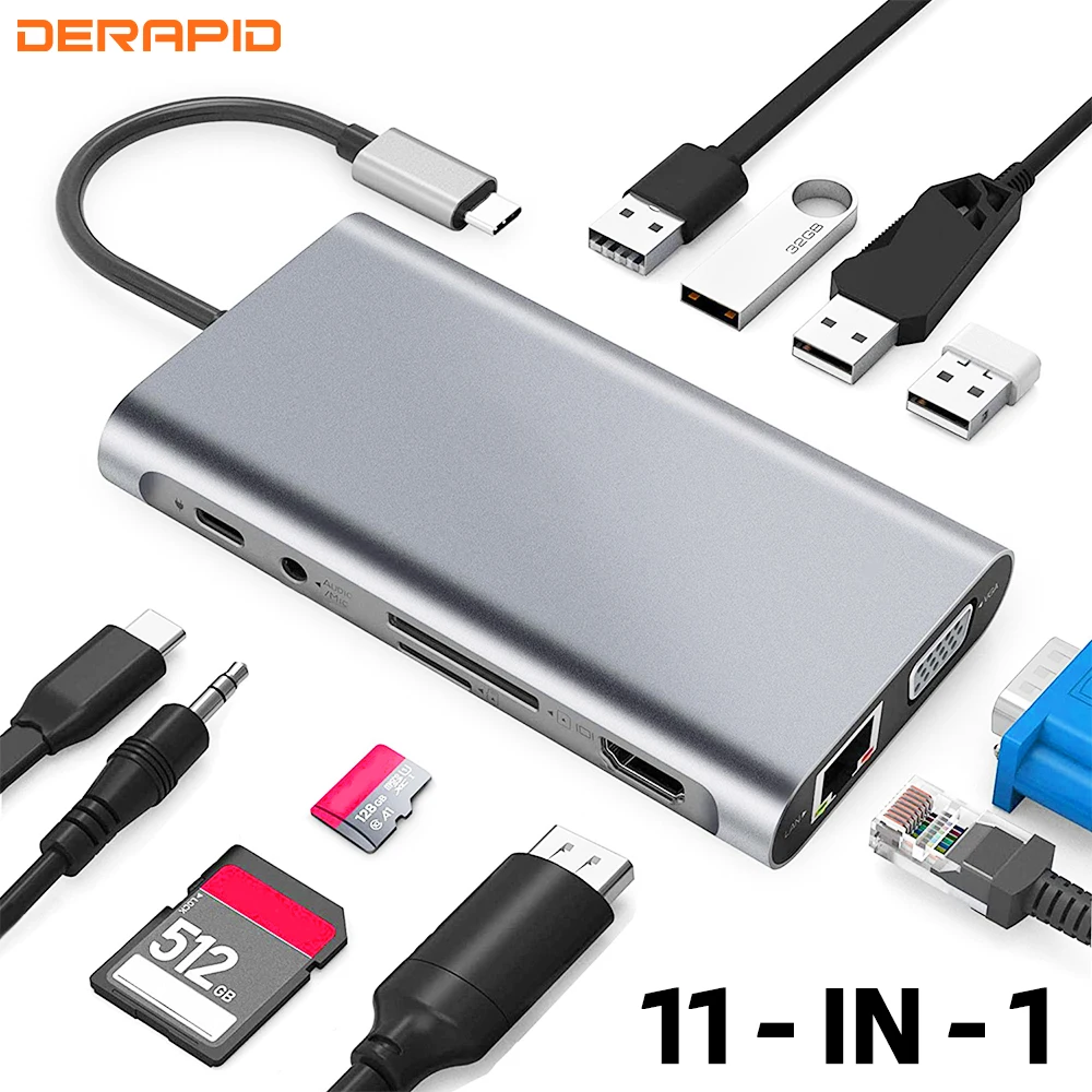 

11-in-1 USB C Hub 4K HDMI Adapter Type C to USB 3.0 Compatible with PD 87W MacBook pro Splitter for Data Transfer And Charging