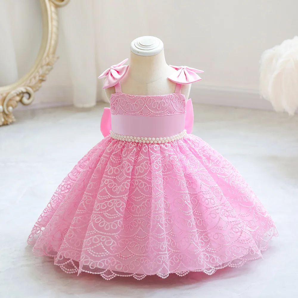 Lace Flower Baby Girls Dress Pearl Sashes Sling Bow White Birthday Clothes New Born Summer Kids Wedding Gown Christmas 1-5 Years