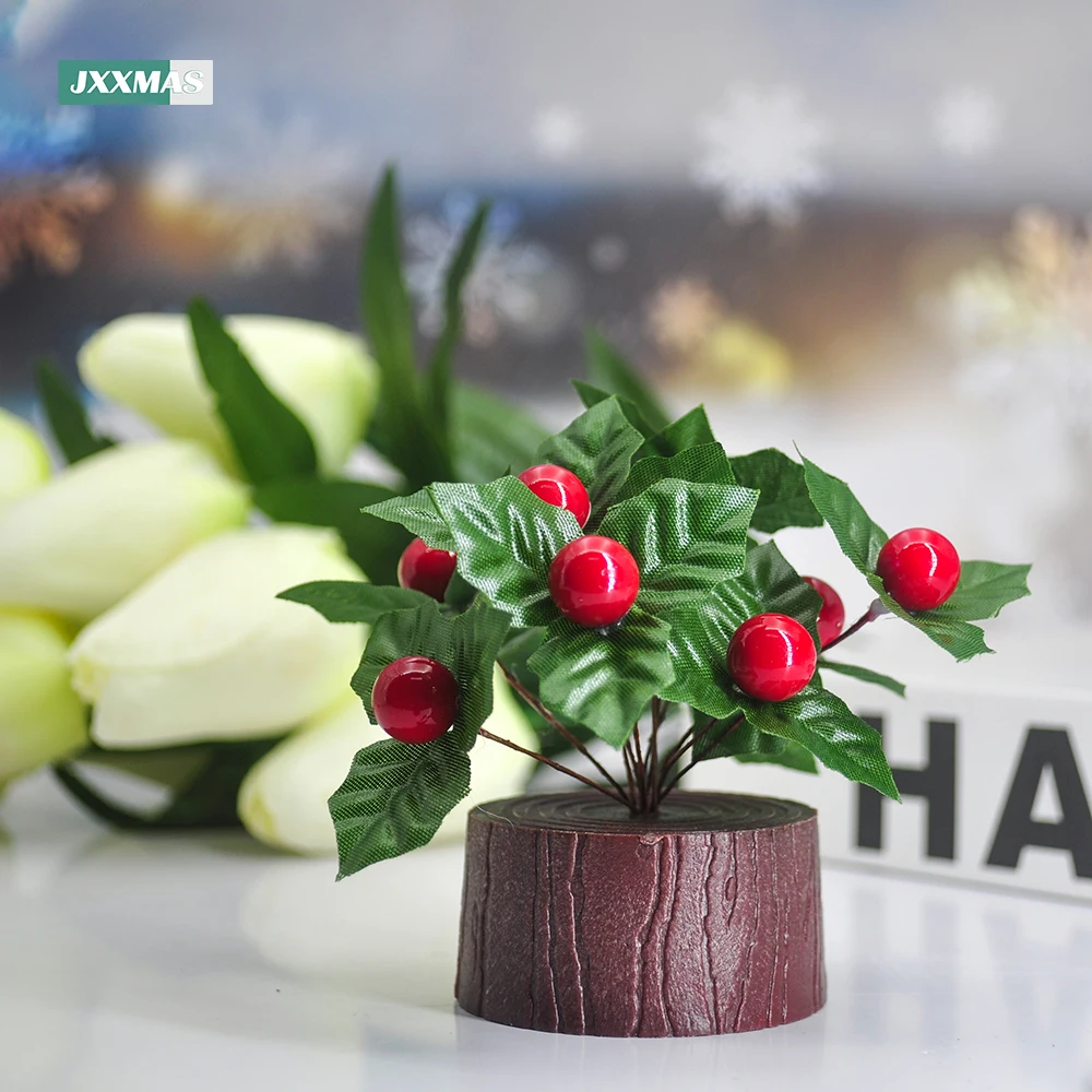 24PCS Künstliche Stechpalmenblatt Beere Rote Kirsche Kleine Frucht Seidenblume DIY Weihnachtssträuße Kranz Hochzeit Party Dekoration – Detail 5