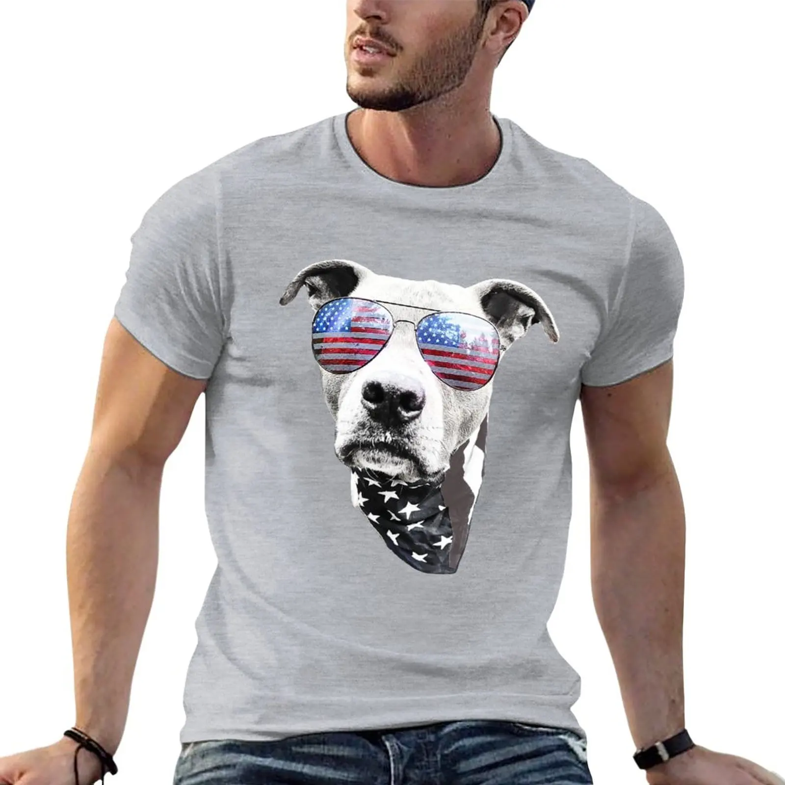 New Get Patriotic with Our Stylish Doggo Sporting Red, White, and Blue Glasses and Bandana! T-Shirt summer tops mens clothes