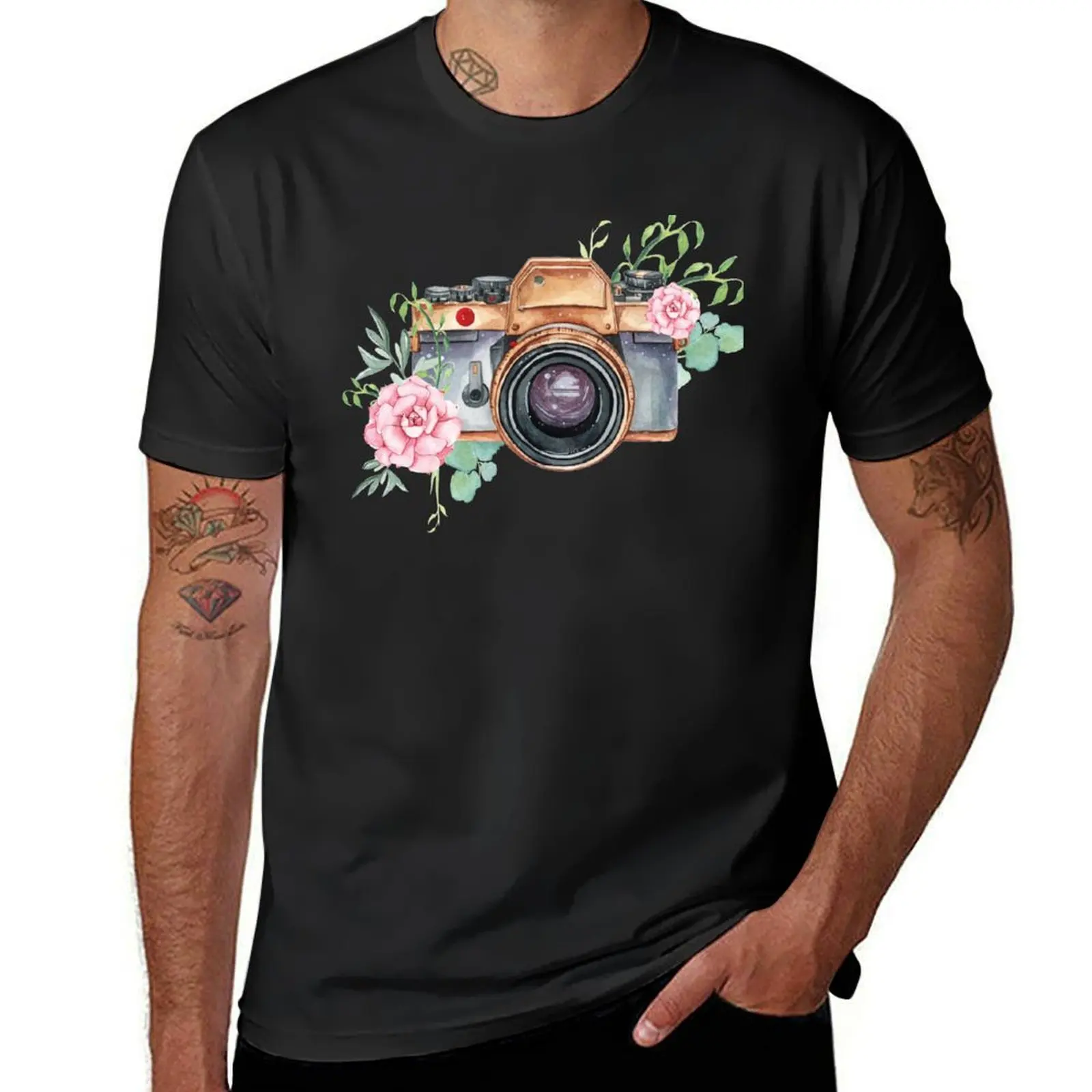 

Watercolor camera, watercolor flowers,photographer gift, photography, camera, flowers T-Shirt blue lock mens shirts graphic tee