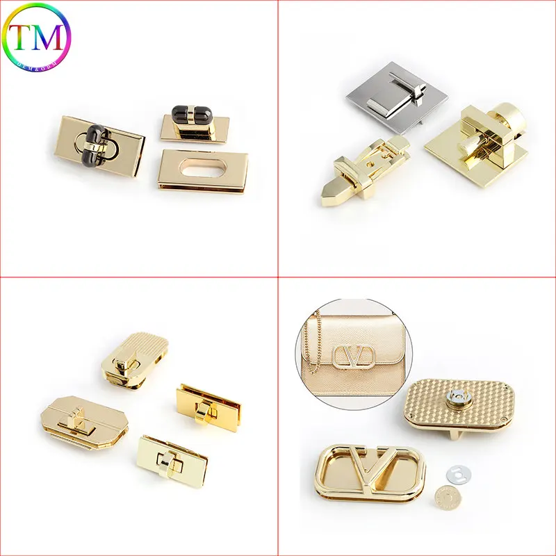 

High Quality Light gold Metal Clasp Turn Lock Twist Lock Rectangle Hanger Clasp Locks Accessories For Handbags