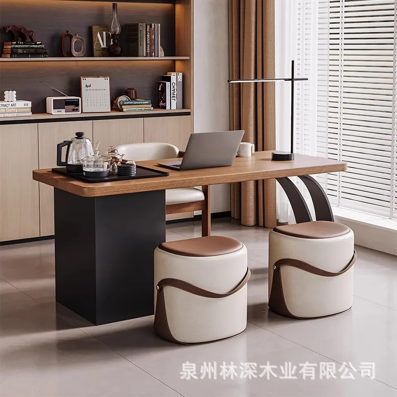 LH Simple Solid Wood Balcony Office Tea Table Dual-in-1 Built-in Tea Tray for Brewing Tea Table and Chairs