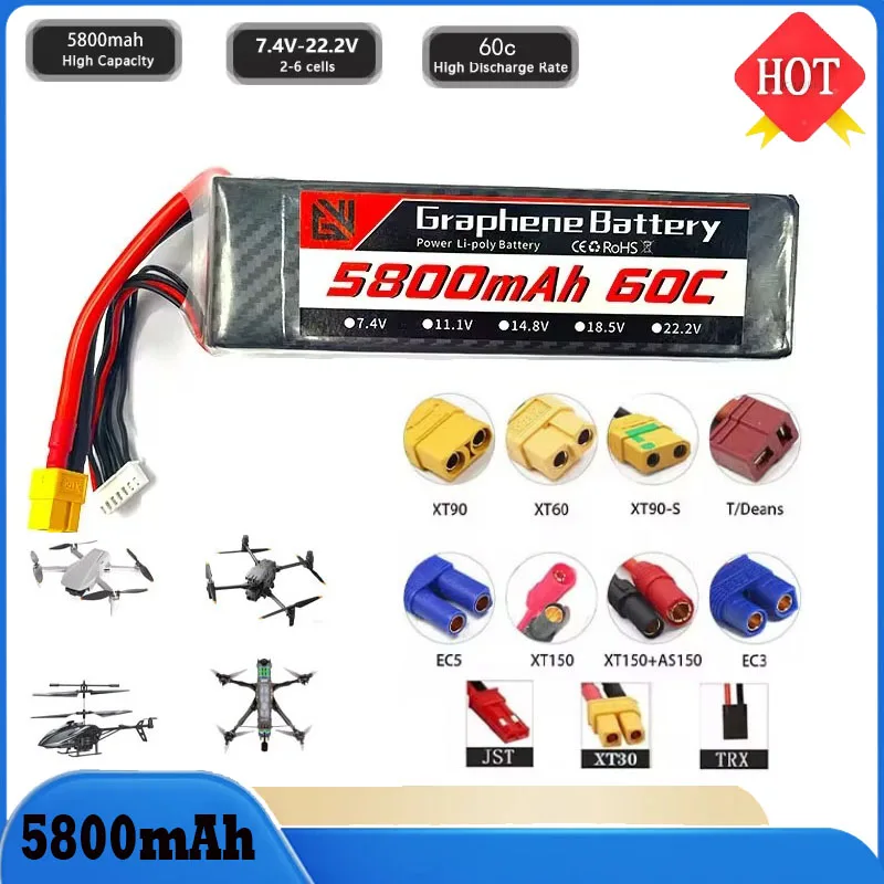 New 22.2V 60C 5800mAh XT60 XT90 TRXT Rechargeable Lithium Battery Multi-Plug Option for FPV Drones and RC Cars RC Boat Models