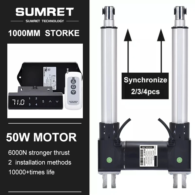 

0-1000MM Adjustable Stroke Electric Linear Actuator RF Remote Control Motor 6000N Hall Controller DC12v 24v Auto Parking Gar