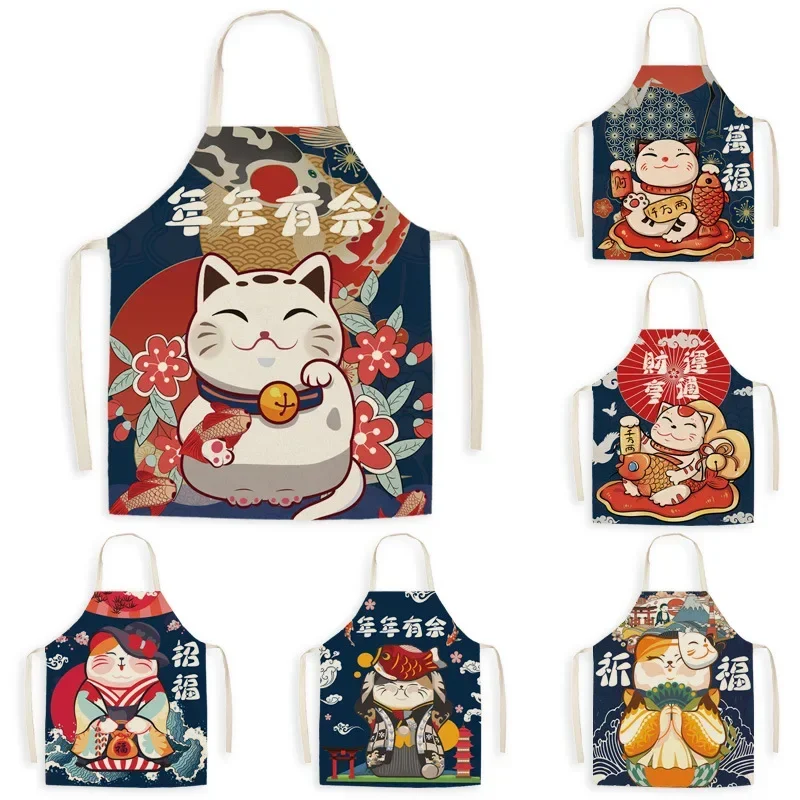 Delantal de lino de estilo japonés con dibujos animados de gato, delantal para el hogar, cocina, a prueba de aceite, limpieza del hogar, cubierta sin mangas para cintura