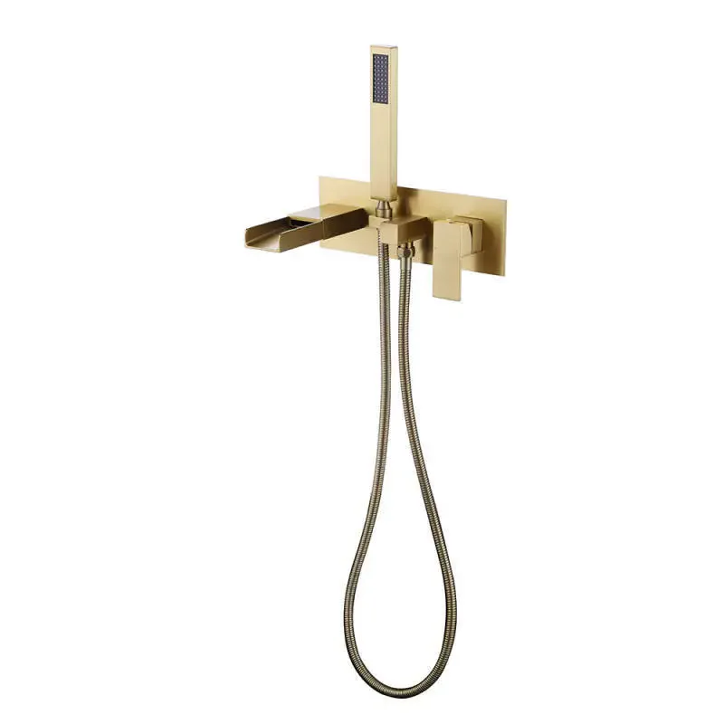 Brushed Gold Bath and Shower Faucet Set Wall Mounted Brass Gray Waterfall Bathtub and Shower Mixer Bathroom Taps Brass