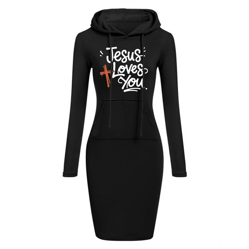 เสื้อสเวตเตอร์เดรสยาวพิมพ์ลายพระเยซูรักคุณ รุ่นครอสซีรีส์ ลายลำลอง มีฮู้ด ทรงเข้ารูป