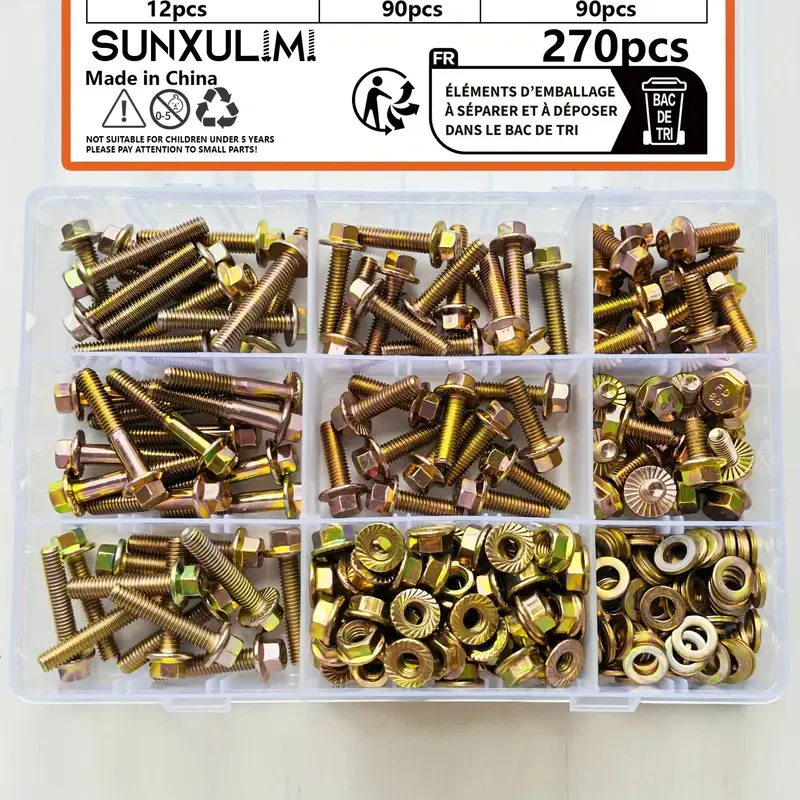 270pcs metric flange bolt classification, bolt and nut kit, M6x12-16-20-25-30-35mm (12mm to 35mm) bolt and nut classification, f