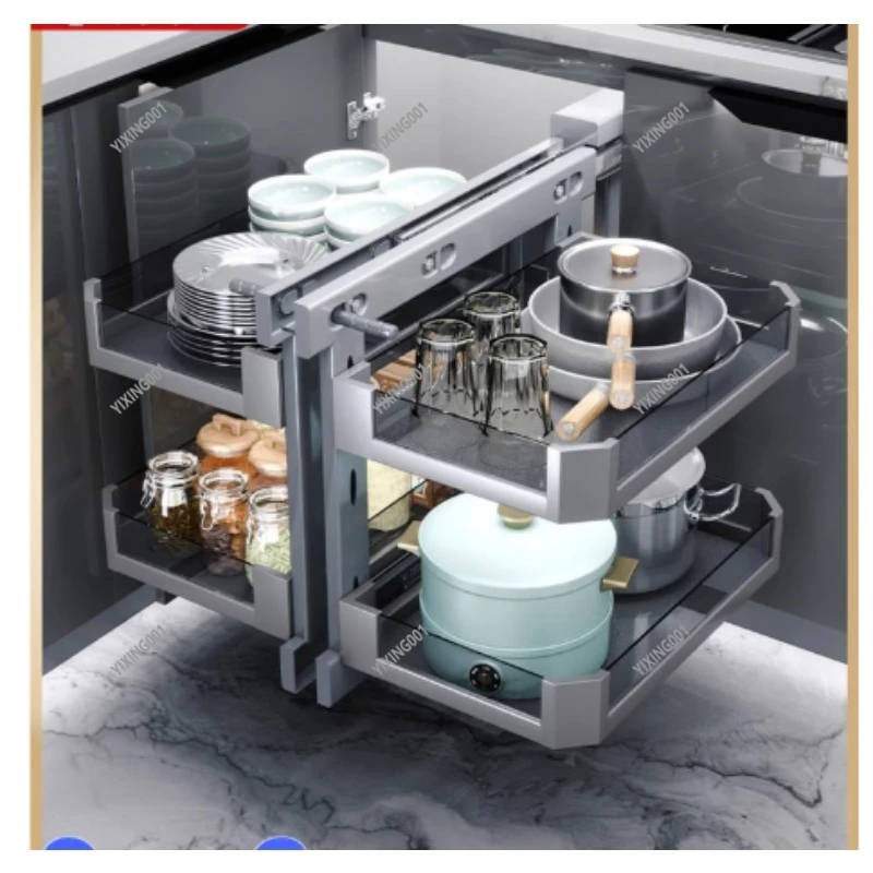 Pull Out Rotating Corner Basket - Kitchen Cabinet Built-in Seasoning Dish Rack Little  Organizer