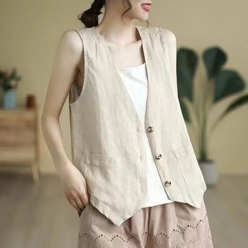 Womens Cotton And Linen Vest Thin Waistcoat