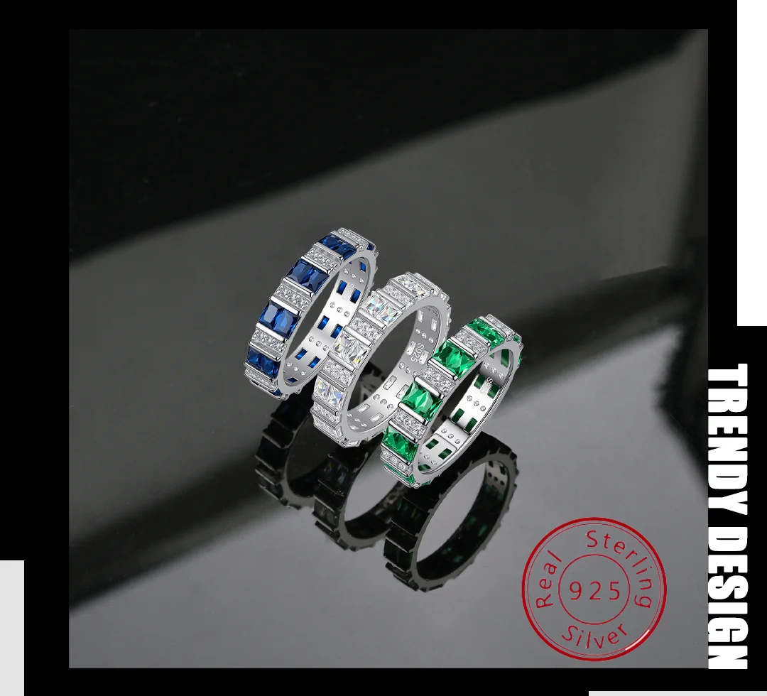 

S925 Sterling Silver Diamond Ring Wear Solo or Stack Full Circle Emerald Cut Diamond Ring Hip-Hop Style Square Diamond Ring for