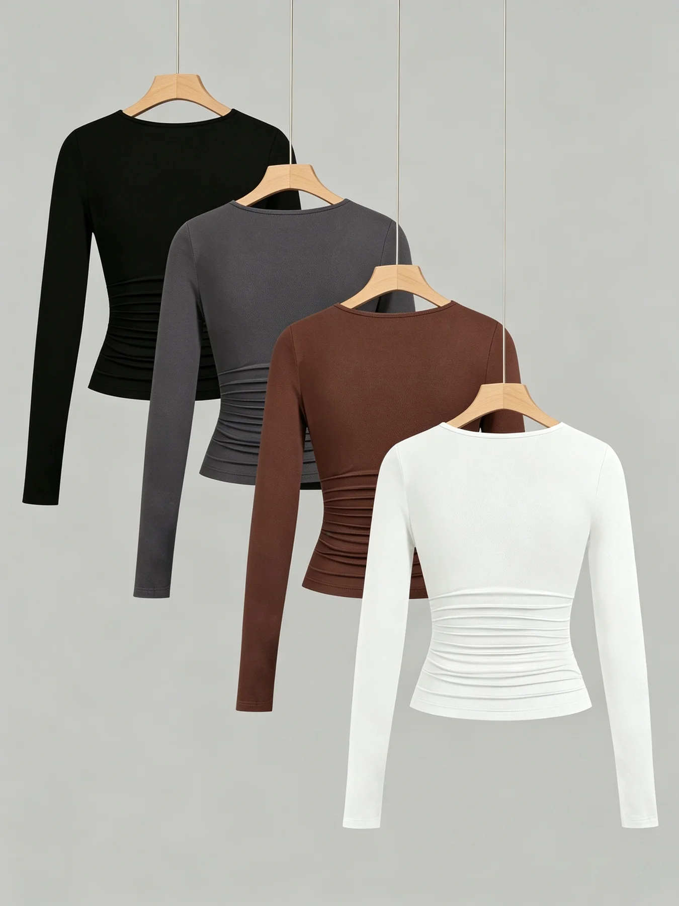 Women's 4-Piece Casual Comfortable Square Neck Waist Cinched Solid Color Long Sleeve T-Shirt Top Set