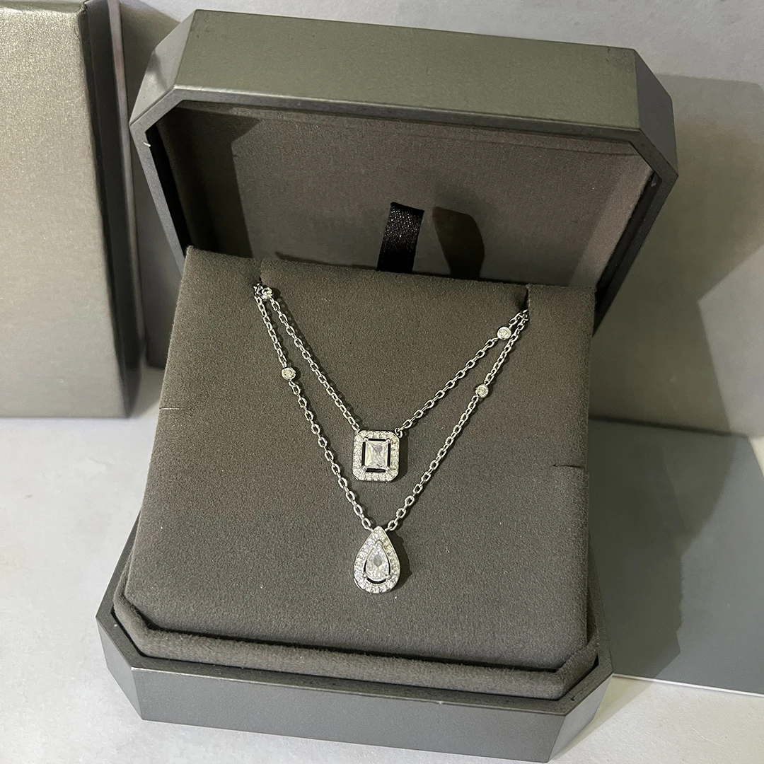 

New 925 Sterling Silver Square Diamond Water Droplet Double-layer Women's Jewelry Necklace, Exquisite And Fashionable Gift