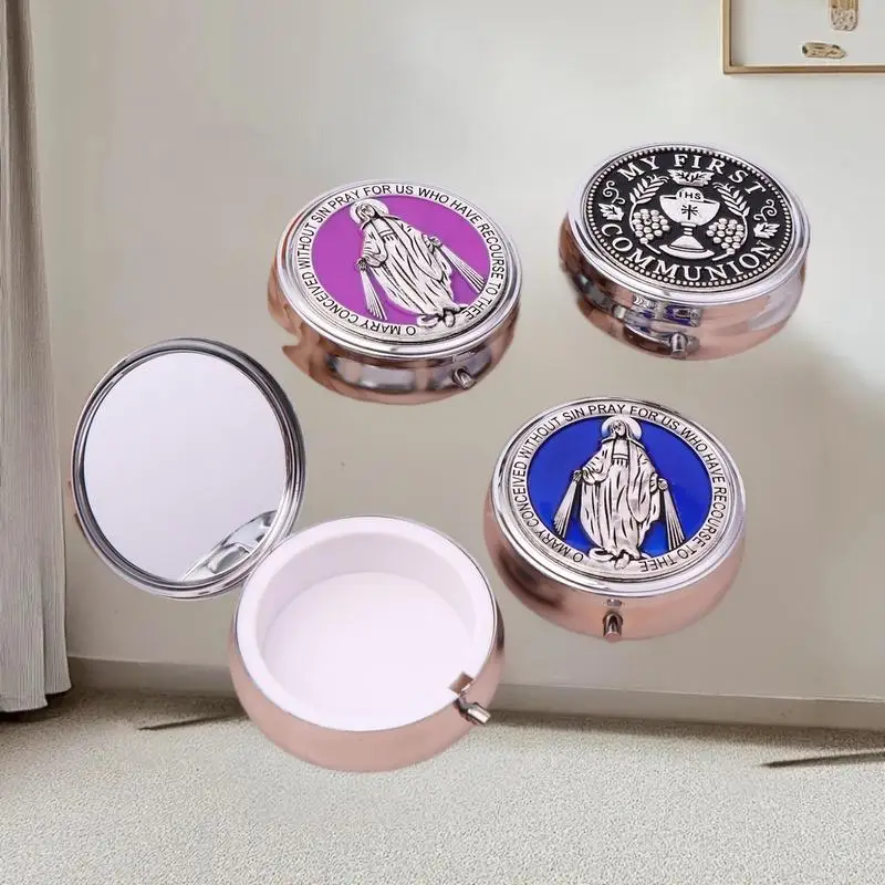 Classical Metal Holy Sacrament St. Benedict Rosary Storage, Religious Jewelry Round Gift Box