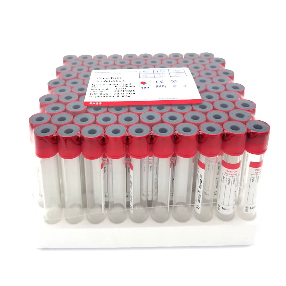 

100 шт. 10 мл пробирка для сбора крови, пробирки с крышками, стеклянные одноразовые вакуумные красные коллекторы, клейкая головка, крышка для эксперимента