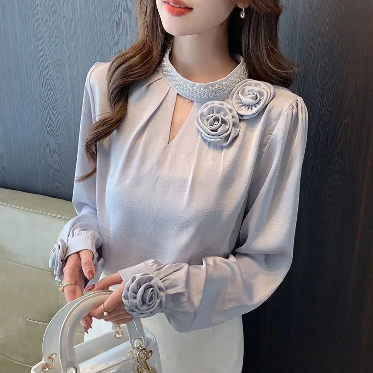 

Новые топы, модная и универсальная рубашка с длинным рукавом и тиснением с воротником из бисера и цветами, женский топ