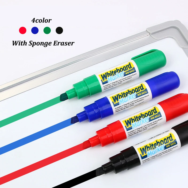 4color Dry Erase Markers With Eraser,6mm Oblique Tip Whiteboard Pens,Low-Odor & Non-Toxic,Perfect For Classroom Office Home Use