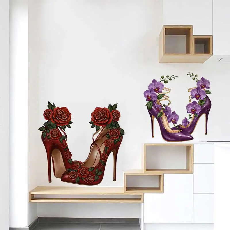 Elegant Fashion Flower Shoe Watercolor Wall Stickers Suitable for Shoe Store And Home Decor AA290