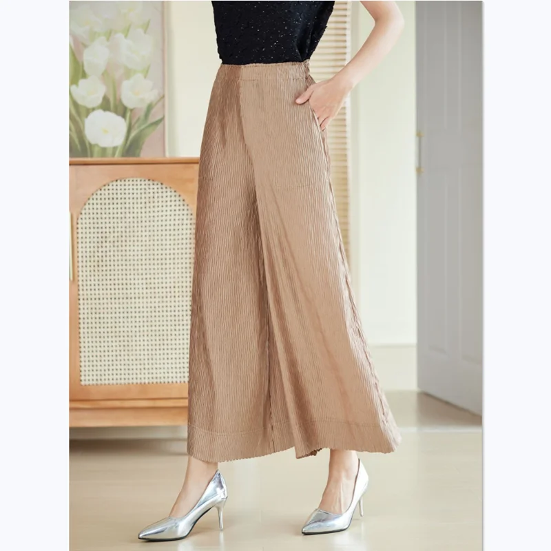 Women Pants High Waist Elastic Loose Miyake Pleated Summer New Solid Color Casual Wide Leg Pant Trousers Black