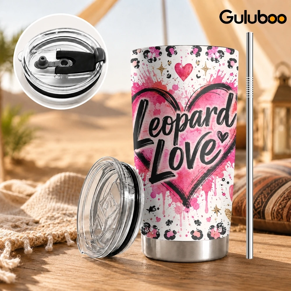 Leopard-Print Heart Vacuum Flasks 20oz Stainless Steel Travel Mug with 2 Lids & Reusable Straw Vacuum Insulated Coffee Cup