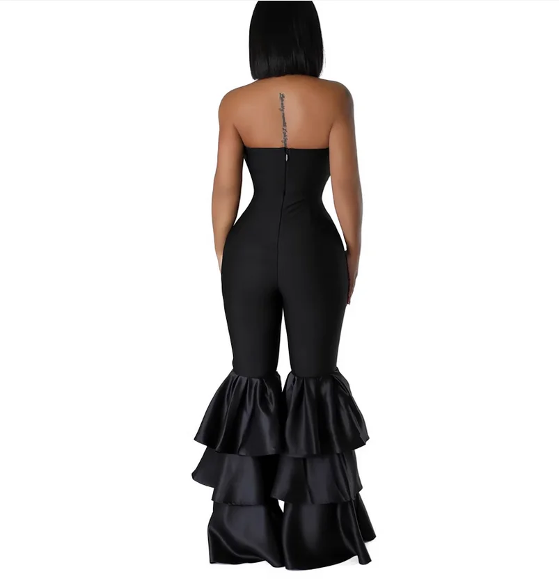 French black fashionable sexy strapless jumpsuit women's summer slimming pleated flared pants