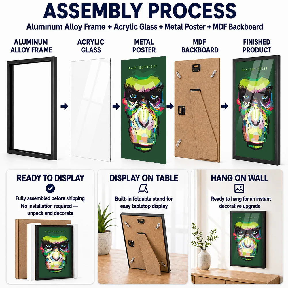 Orangutan Save The Forest Portrait Framed Aluminum Metal Poster Customized Nature Tribute Wall Art Ideal For Pet Owners In Cabin